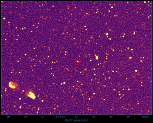 A detailed radio image captured by MeerKAT showing the giant galaxy 'Inkathazo' with intricate emission patterns